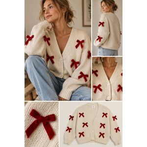 Luna Ivy Cardigan Womens S Cream Red Velvet Bows Christmas Knit Coquette Holiday